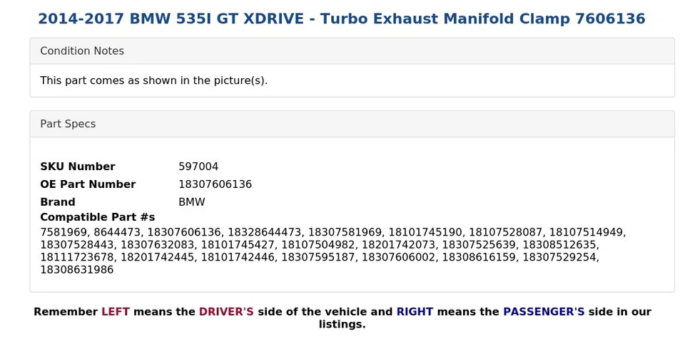 BMW 535I GT XDRIVE 2014-2017 - Abrazadera de colector de escape turbo 7606136 Foto 4 de 4