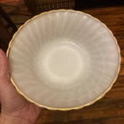 Vintage ANCHOR HOCKING FIRE KING MILK GLASS SERVING BOWL Swirl with Gold Rim 8.5