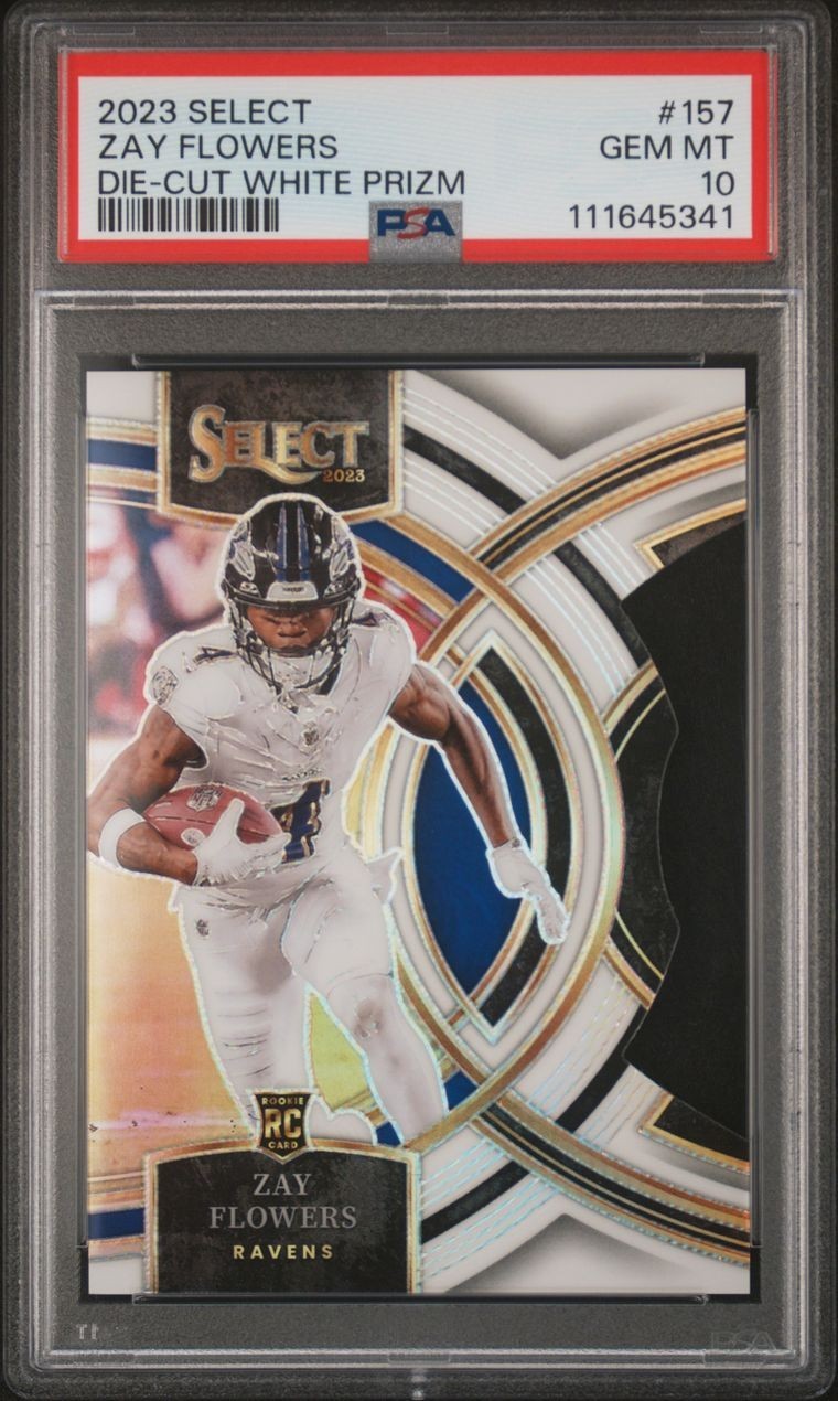 2023 Panini Select Premier Level Zay Flowers #157 PSA 10 White Prizm DieCut /199