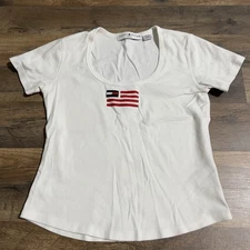 Tommy Hilfiger Y2k Vintage T-Shirt White Womens Sz M Medium Flag Logo