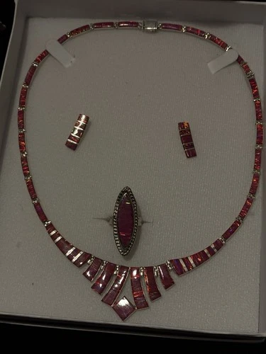 Vintage Sterling Silver 950 Opal Set Of Necklace,stud Earrings,ring