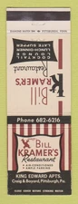 Matchbook Cover - Bill Kramer's Restaurant Pittsburgh PA