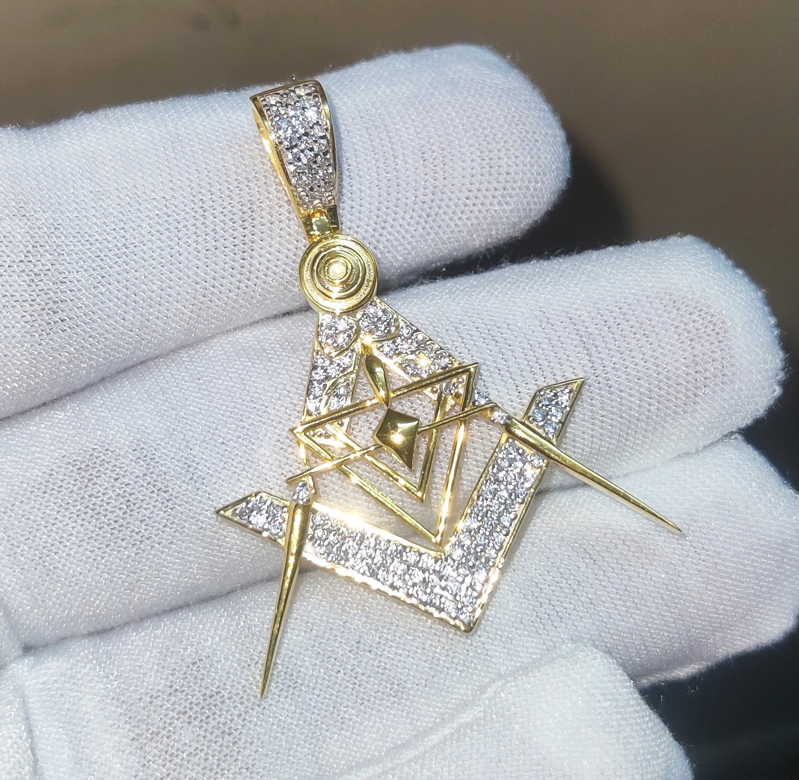 2Ct Round Cut Real Moissanite Masonic Symbolic Pendant 14K Yellow Gold Plated