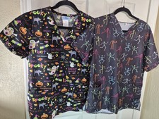 Lot of 2 Womens Halloween Scrub Tops Size Small SB Scrubs Skeleton Pumpkin Spook