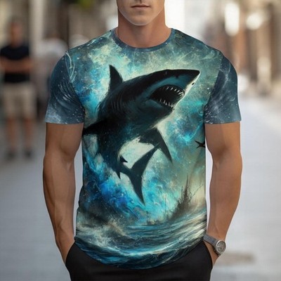 Men's Blue/Black Shark Graphic Print Tee Crew Neck Short Sleeve Polyester 2XL