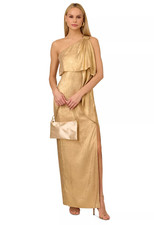 Adrianna Papell Women's Metallic Layered One-Shoulder Gown, Light Gold,MSRP:275$