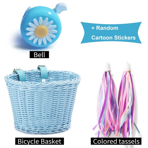 Kids Bike Basket Set: Basket, Bell, Stickers, Ribbons Tassels (Blue) - Picture 2 of 7