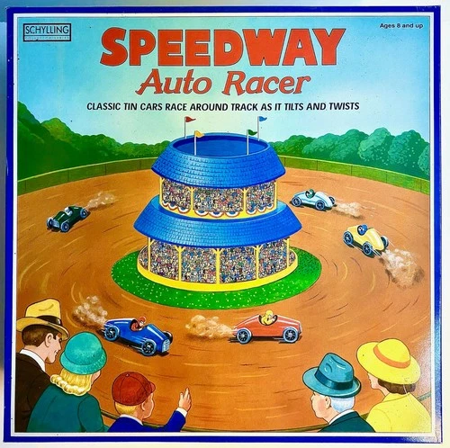 Vtg Toy Schylling Speedway Auto Racer Litho Tin Wind-Up Tilt Race Track 5 Cars