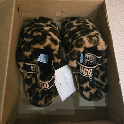 UGG Fluff Yeah Slide Women's Slippers 9 Leopard Print Faux Fur Open Toe