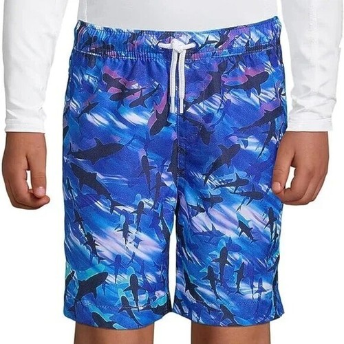 Lands End Printed Cool Sharks Swim Trunks Boys' Size XS Blue & Black NEW - Picture 2 of 7