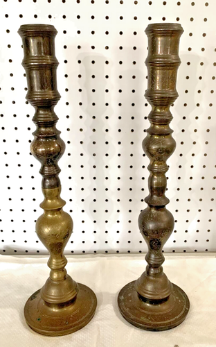 TWO 2 RARE Antique Scrolled Brass Candlesticks Heavy Beautiful 18 tall Uncleaned - Picture 2 of 15