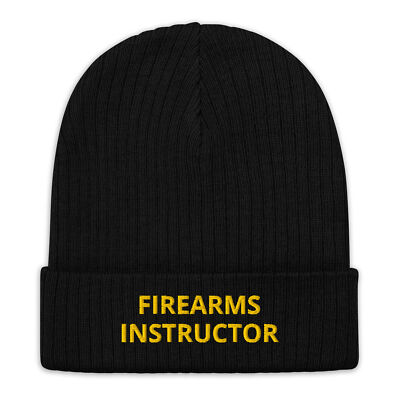 Yellow text Firearms Instructor Ribbed Knit Beanie Hat Cap Gun Range Safety