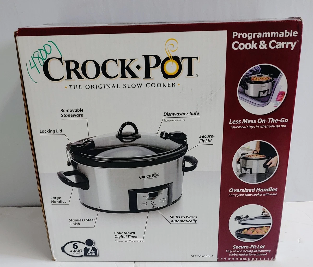 Crock-Pot Portable 4 Quart Stainless Steel Large Slow Cooker for Small  Kitchen with Locking Lid, Handles, and Digital Automatic Timer, Black