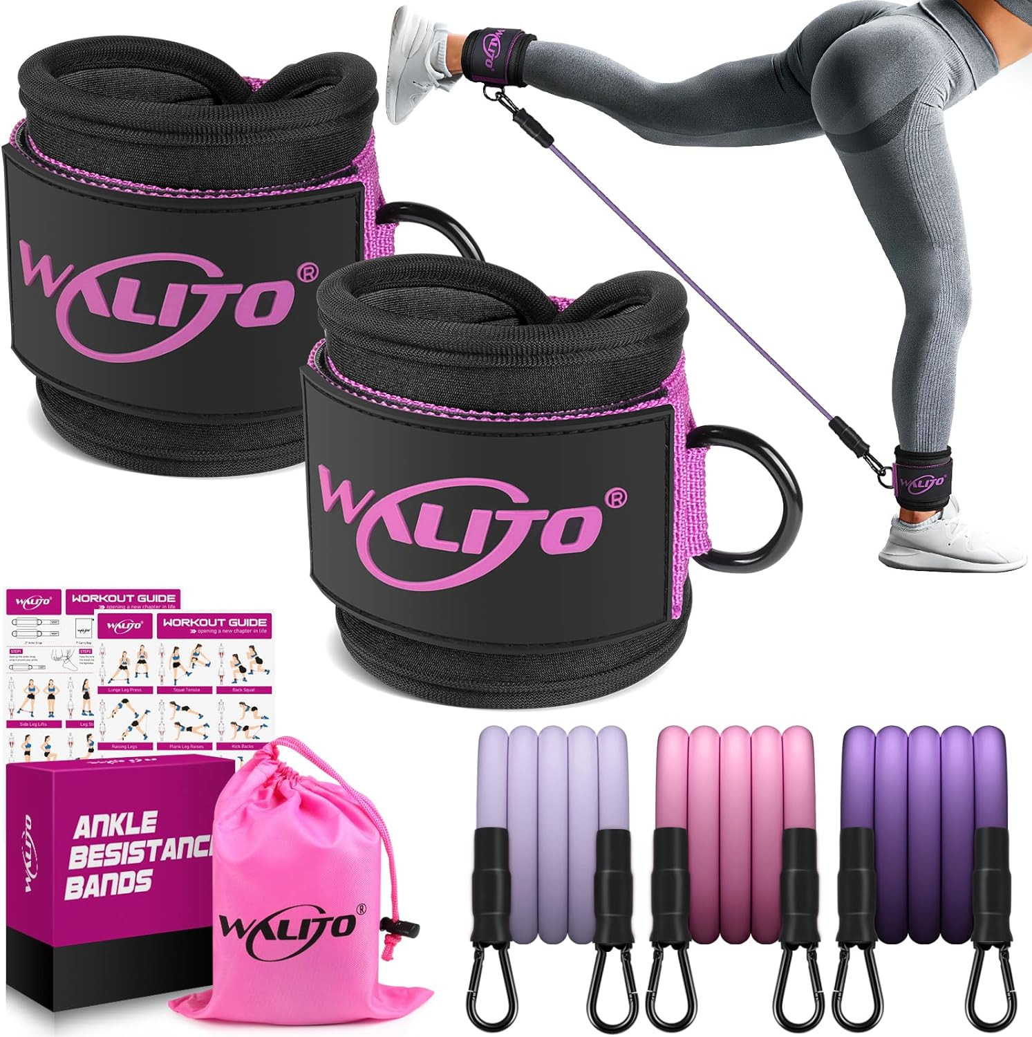Ankle Resistance Bands with Cuffs, Ankle Bands for Home Gym Workout (BLACK/PINK)