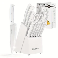 15 Pieces White Stainless Steel Kitchen Knife Set with Wooden Block