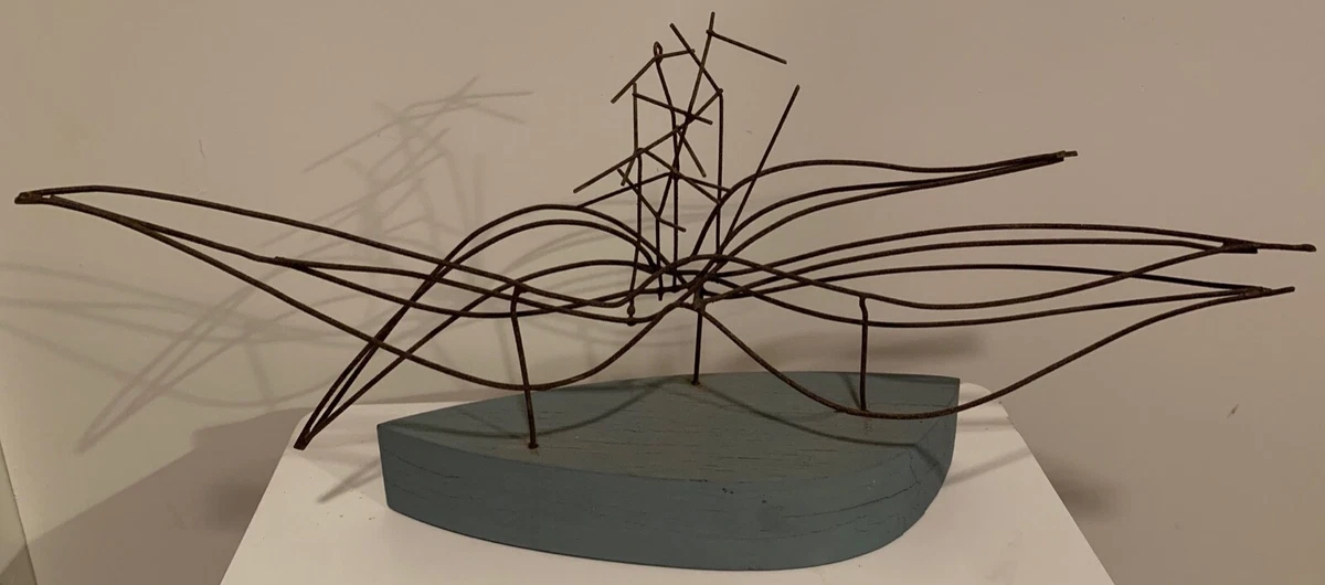 Vintage Abstract Wire Wood Sculpture Mid Century Modern MCM Metal Art 60s 70s