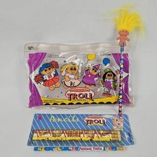 Norfin Troll Pencil Set & Case Eraser 1992 Zippered Pouch Wizard Clown Poodle