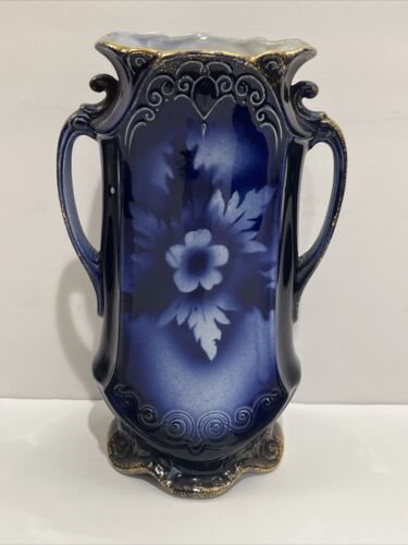 Vintage Antique Flow Blue, Gold Pottery Pair of Floral Vases Singed LYNN - Picture 3 of 21