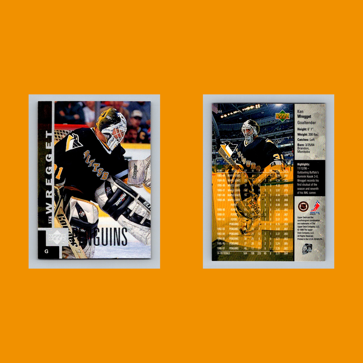 Ken Wregget #344 1997 Upper Deck Pittsburgh Penguins Hockey Card