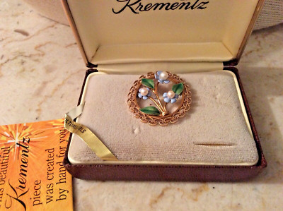  Krementz Forget Me Not Goldtone Circle Pin In Box with papers