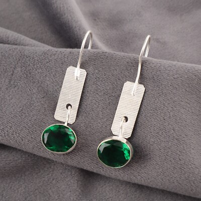 Genuine Green Emerald Anniversary Dangle Minimalist New Earrings Sterling Silver