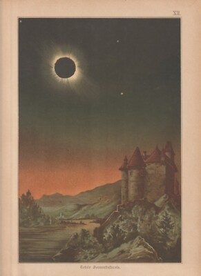 1892 SUN MOON annular solar eclipse Astronomy Antique Chromolithograph Print
