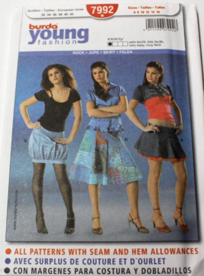 Burda 7992 Young Misses Skirt in 3 Styles 6-8-10-12-14-16 Sewing Pattern OOP