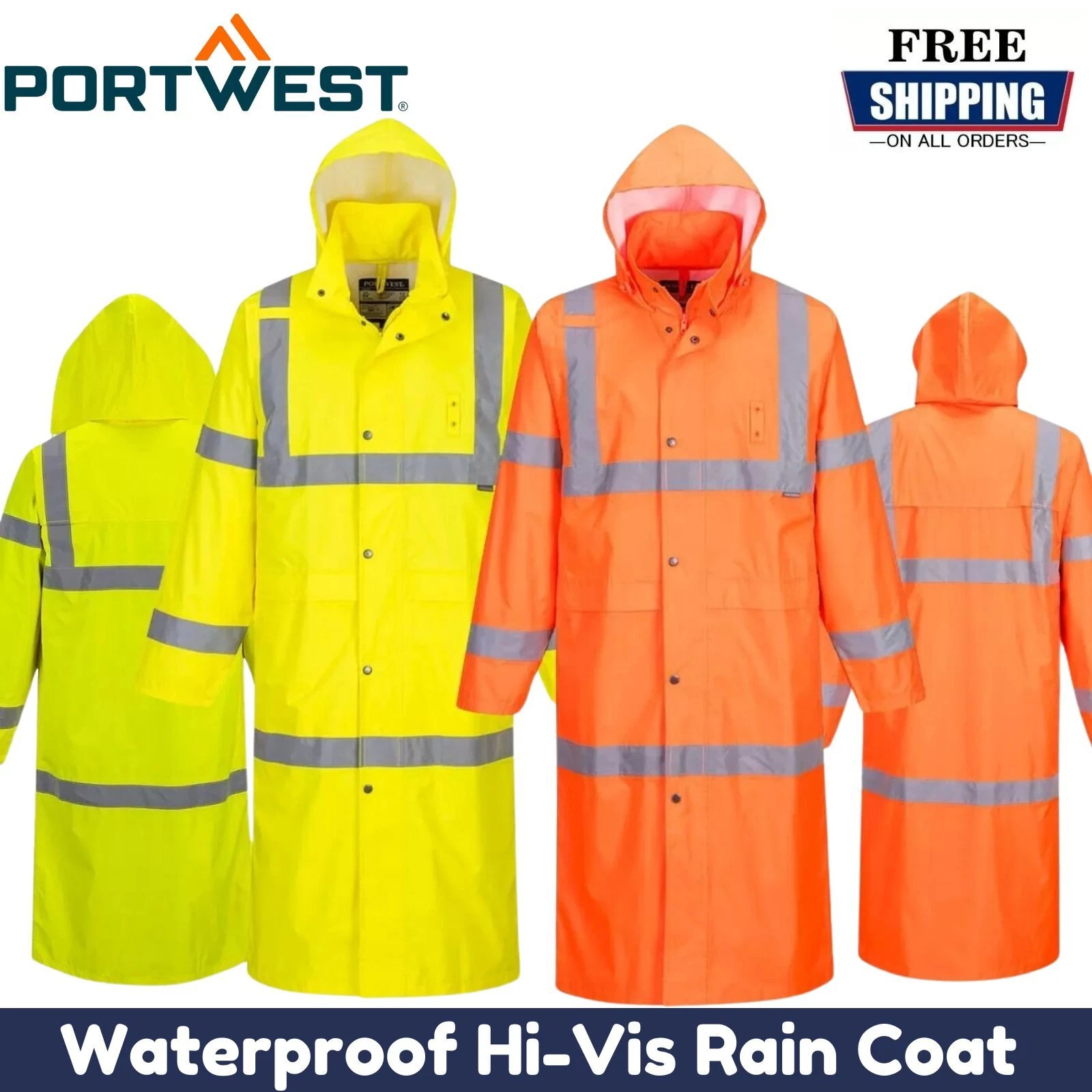 PORTWEST Hi-Vis Waterproof Rain Coat Lightweight Extra Long Unisex Rain Jacket