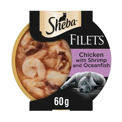 128 x 60g Sheba Fillets Adult Wet Cat Food Trays Chicken, Shrimp & Fish in Gravy