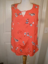 Women's Sleeve-less Pull-over Top attention M Orange w/blue flowers (A)