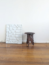 Vintage Indian Carved Walnut & Bone Inlaid Small Round Side Table - Boho