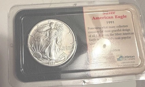 1991 Silver American Eagle $1 Coin-Uncirculated -Sealed Littleton Display 1oz Ag