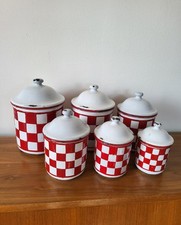 Ancienne Série de 6 Pots à épice Tôle émaillée à Damier Rouge et Blanc Lustucru