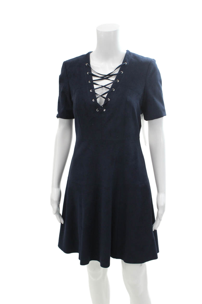Belle Badgley Mischka Womens Short Sleeve Lace-Up Mini Dress Blue Size SFree Shipping in US $100+ Orders | $6.95 Orders Below