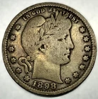 1898 Philadelphia Mint .900 Fine Silver Barber Quarter Dollar 25 Cent Coin -4031