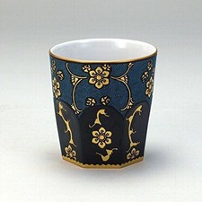KUTANI YAKI PORCELAIN Whiskey Rock Glass Sake cup Heptagon Aochibu Blue Grains