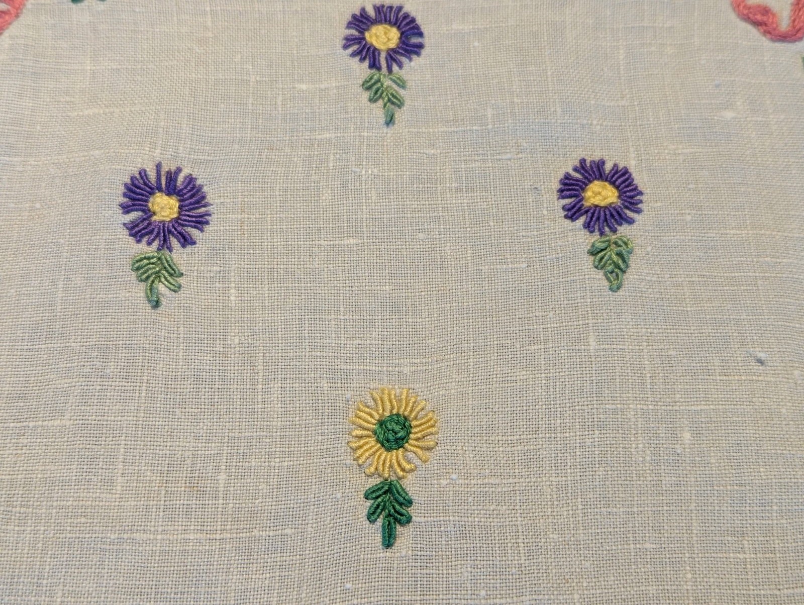 Vintage  Linen Table Runner, Buffet or Dresser Scarf.  Embroidery 41.5”x15.5”