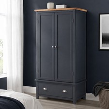 Dunkeld 2 Door 1 Drawer Wardrobe, Dark Blue Finish, Antique Oak Top, Sturdy