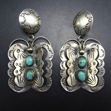 T. YAZZIE Navajo TURQUOISE Sterling Silver BUTTERFLY EARRINGS Hand Stamped 3D