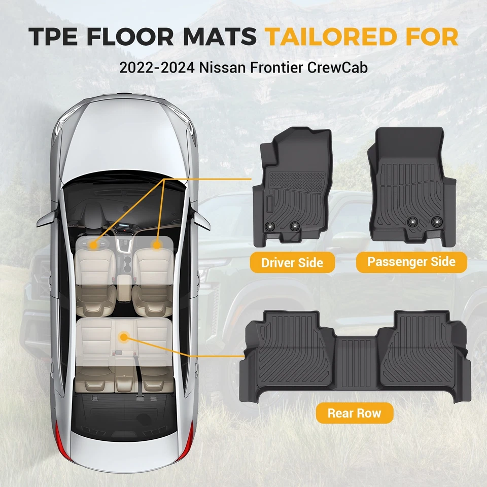Floor Mats 2 Rows Liner For 2022-2025 Nissan Frontier Crew Cab All Weather 3PCS - Image 2 of 4