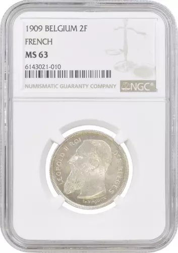 Belgium 2 francs 1909 DES, NGC MS63, "King Leopold II (1865 - 1909)" silver coin