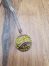 Softball Necklace - Yellow Crystal Pendant Fashion Sports Mom Jewelry - New