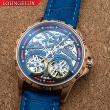 Mens Rose Gold Double Flywheel Skeleton Automatic Mechanical Watch Blue Leather