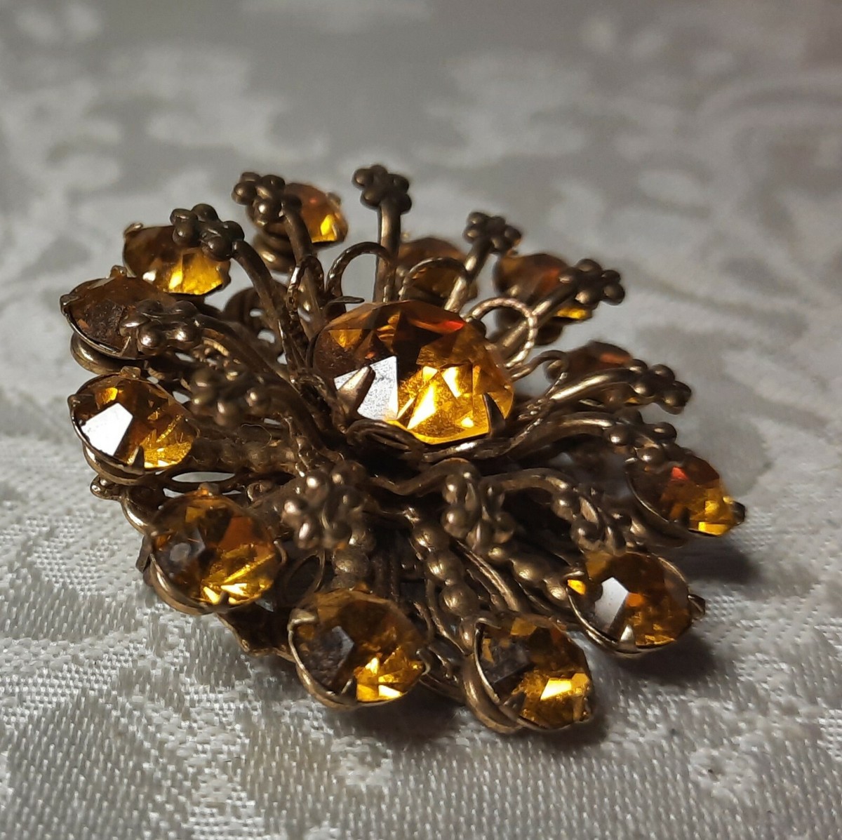 1950s'　yellow　flower rhinestone brooch Vintage Rhinestone Brooch Pin, Amber Gold Floral Jewelry