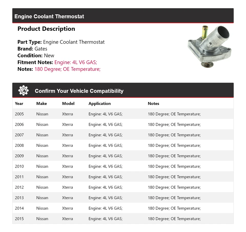Para Nissan Xterra 2005-2015 4L V6 Motor Gas Refrigerante Termostato Puertas 2006 2007 Foto 2 de 4