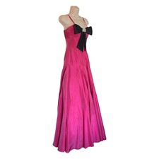Strapless Pink Taffeta Red Carpet Ballgown Gown XS Dress Black Bow Rhinestones