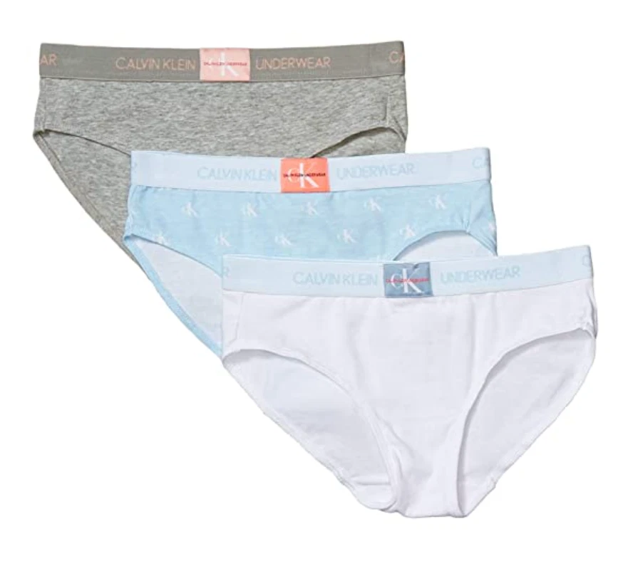 Calvin Klein 15413 Girls 3-Pack Grey Blue Monogram Bikini Underwear Size  Large