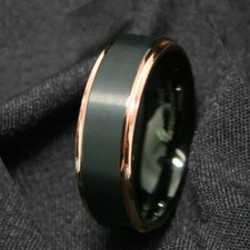 Tungsten Carbide Wedding Band Ring Rose Gold Step Edge w Brushed Black Center 