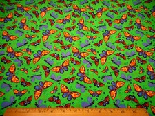 Cotton Fabric 7/8 Yard SALE Yellow Orange Purple Blue Butterflies on Green PC