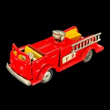 Vintage 1950' Japan FD Ladder Fire Truck Friction Tin Toy 4 in Works